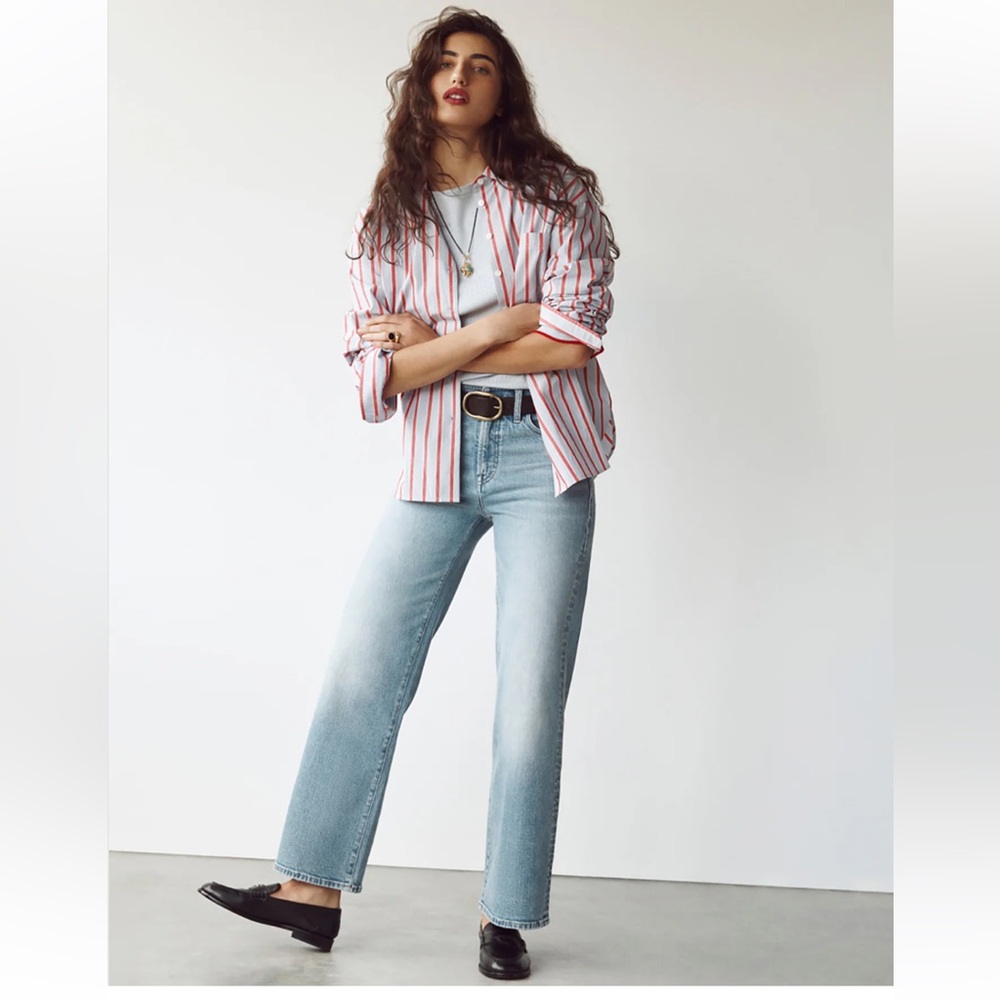 Madewell Light Blue Wide Leg Jeans with Red-Striped Shirt